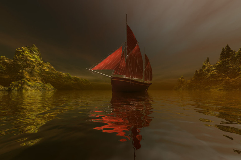 Boat on water red sails. 3D image rendered with Bryce by Sylverdali