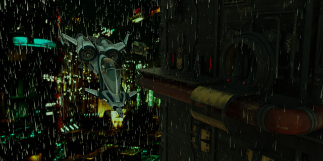 Flying vehicle over rainy Lobar city - MechaNation