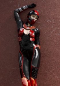 Victoria 8 posing in red and black custom shader Andromeda outfit. 