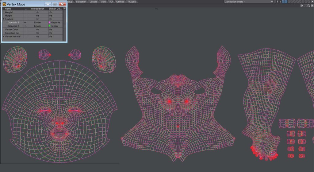 Victoria 7 and 8 UV maps compared and overlayed in LightWave