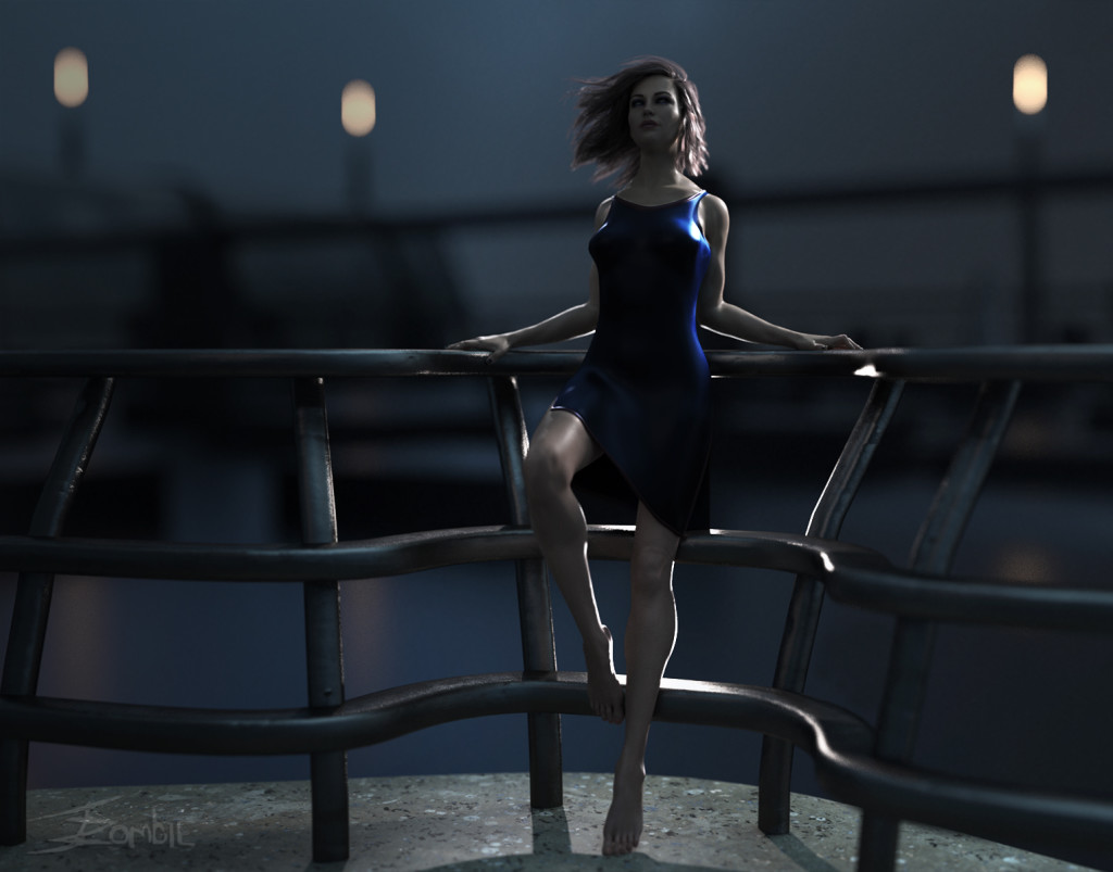 DAZ 3D's Victoria 8 posed overlooking an industrial facility