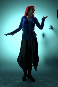 Stalker: DAZ Studio Iray render. Ominous back-lit figure menaces in background as woman poses under soft lights.